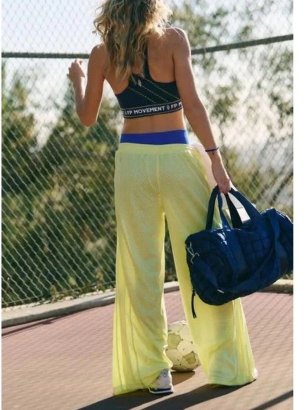 Free People FP Movement Small Overtime Mesh Jersey Knit Pants Yellow Wide Leg - Picture 4 of 7